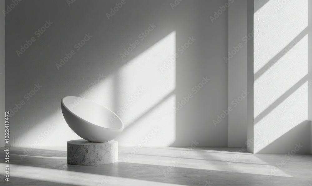 Poster clean minimalist room with stark white walls and soft shadows from window light, modern design highl