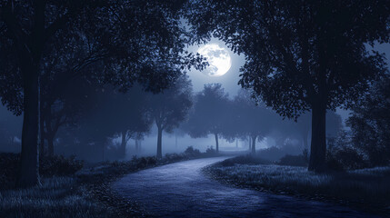 Obraz premium Eerie nighttime scene of a moonlit path through a dark, twisted forest, with towering trees and a hauntingly beautiful atmosphere. Moonbeam Whispers. Illustration