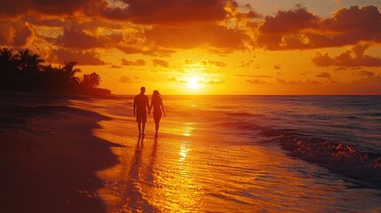 Fototapeta premium Romantic silhouette of couple walking on tropical beach at warm sunset