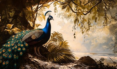 A regal peacock perched elegantly in a natural lush landscape setting