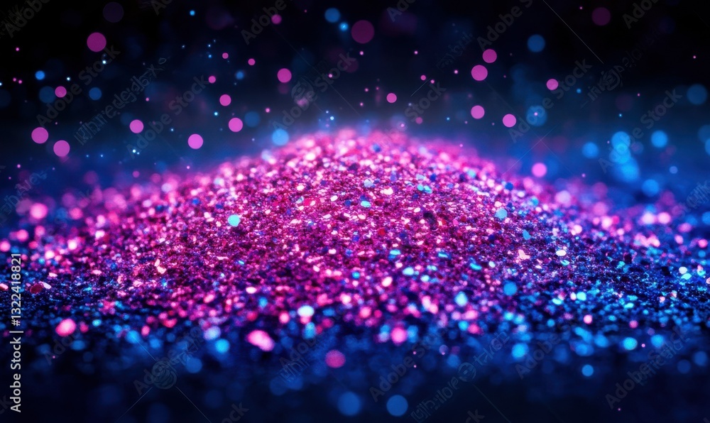 Poster abstract shimmering particles in vibrant shades of pink and blue scattered on a dark background illu