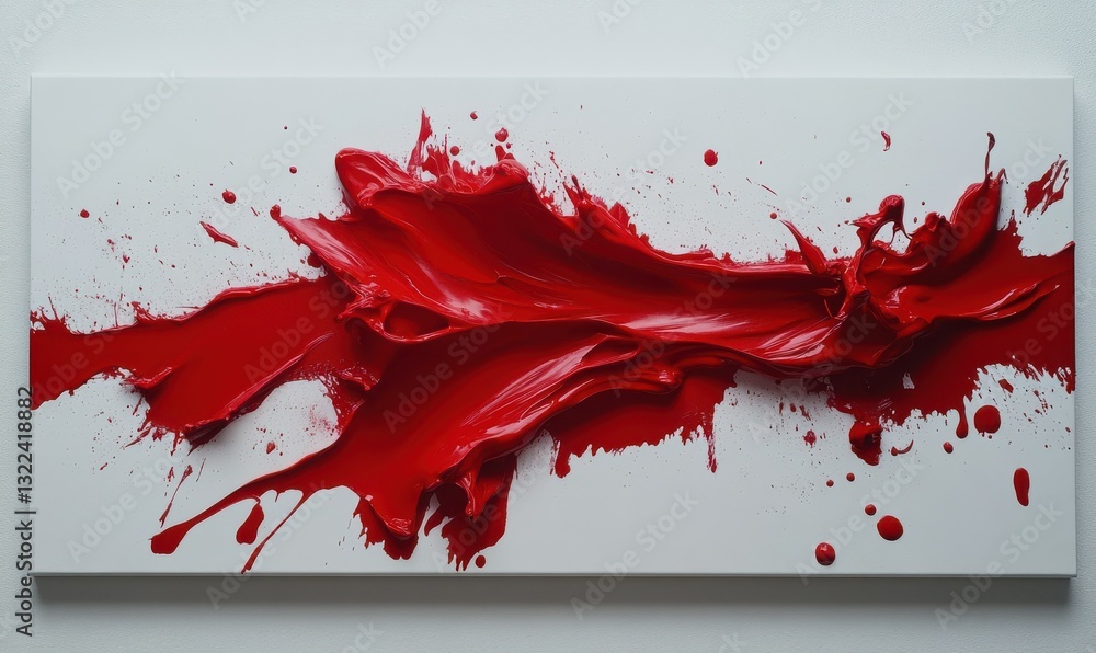 Poster abstract splatter of deep red paint on a white surface, creating a bold and striking artistic compos