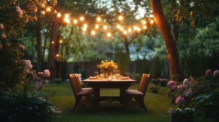 outdoor dining space, a charming outdoor dining space featuring a rustic wooden table, floral decor, and cozy summer lighting for a serene evening