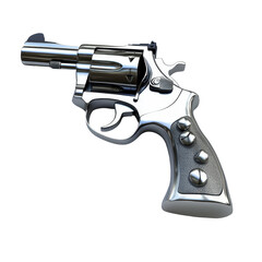 Detailed view of a silver revolver weapon isolated on a clean Transparent background, revolver weapon on isolated isolated on PNG background