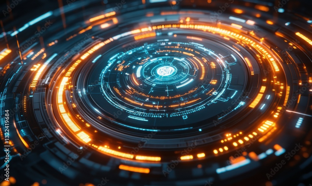 Poster digital crypto exchange interface glowing in vibrant blue and orange hues, dynamic data streams form