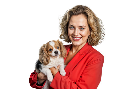 A woman, dressed in a red jacket, stands in front of a white background, smiling and looking at the camera, she is holding a puppy, appearing very warm and friendly.