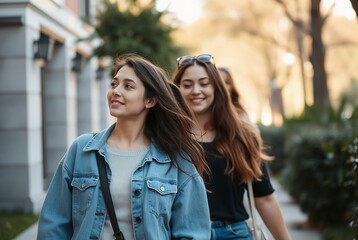 Fototapeta premium Two Young Women Enjoying a Stroll Through a Sunny Urban Park