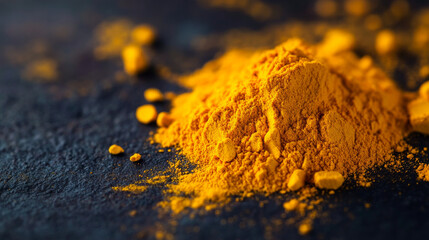 Bright turmeric powder stands out vividly against a dark background