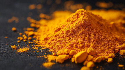 Bright turmeric powder stands out vividly against a dark background