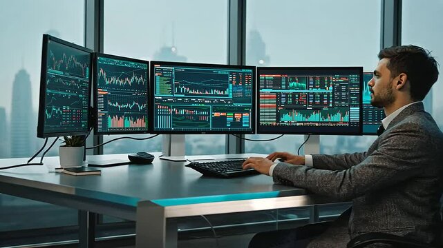 Frames A financial trader in a modern office, intensely focused on mu s-nordic-minimal, a-2, 6402428