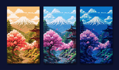 Pixel Vector Artwork of Japanese Landscape Triptych Showcasing Cherry Blossoms and Mount Fuji at Nightime, Daytime, and Sunset