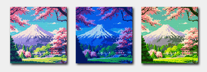 Pixel Vector Artwork of Mount Fuji with Blooming Cherry Blossoms and Vibrant Seasonal Colors Depicting Tranquility in a Serene Japanese Landscape © Creative Instinct