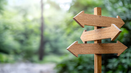 A wooden sign with three arrows pointing in different directions - obrazy, fototapety, plakaty