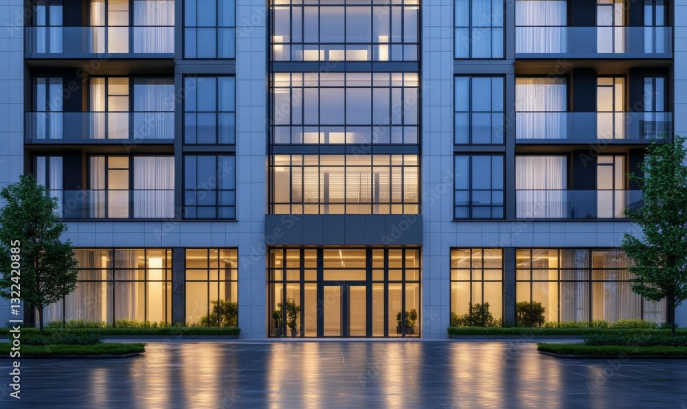 Poster rows of illuminated windows in a modern high-rise building at night, soft reflections creating a liv