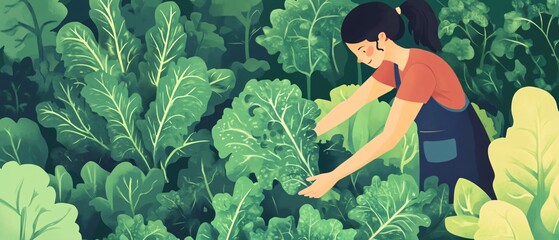 Young Girl Harvesting Organic Kale Leaves from Kitchen Garden for Healthy Cooking
