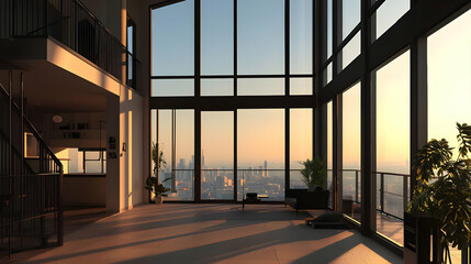 Fototapeta premium Modern Open Plan Apartment With Panoramic City View at Sunset With Golden Hour Light