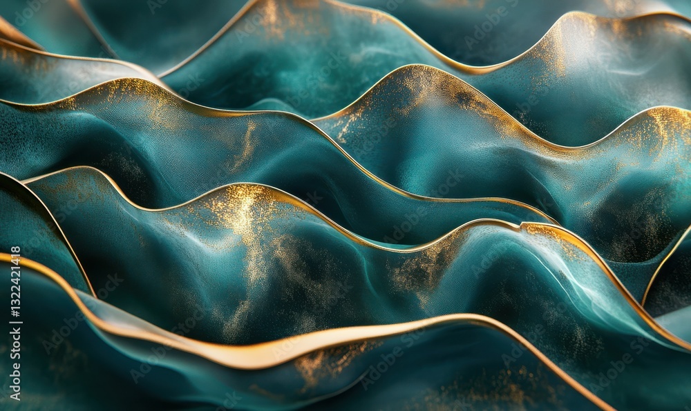 Poster elegant rendering of layered teal and gold waves blending smoothly, illuminated softly to enhance th