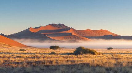 Fototapeta premium Namibiaâ€™s red dunes emerge from the dawn mist, creating a breathtaking desert scene