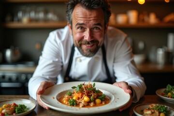 Chef showcases a delicious meal in a warm setting