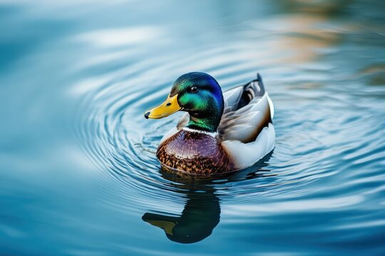 Mallard duck swimming serene pond ripples nature wildlife