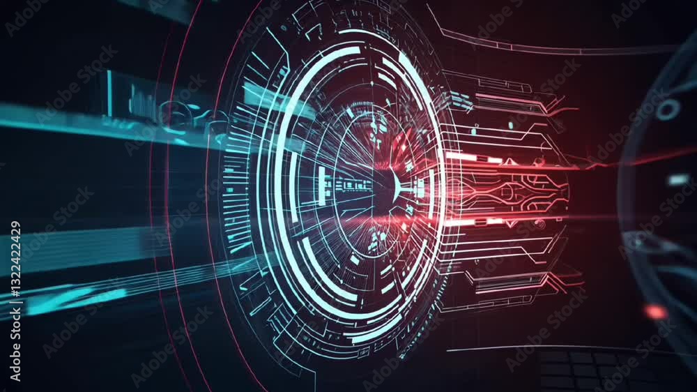 Poster futuristic digital interface with glowing blue and red circular hud display for cyber technology and