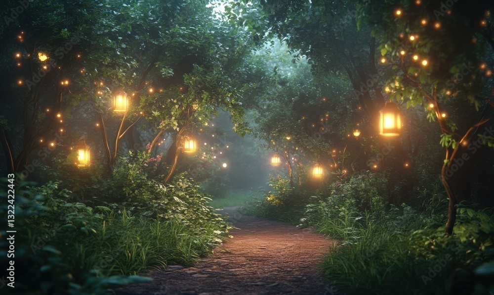 Poster serene glowing forest path surrounded by vibrant greenery illuminated by warm lantern light creating