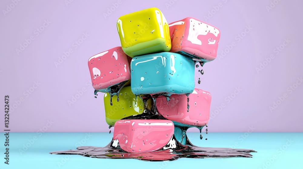 Poster melting pastel cubes abstract 3d rendering of colorful geometric shapes