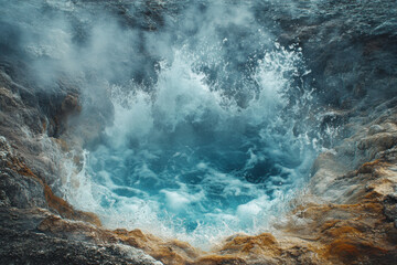 Fototapeta premium Hot spring water bubbling and splashing, releasing geothermal energy