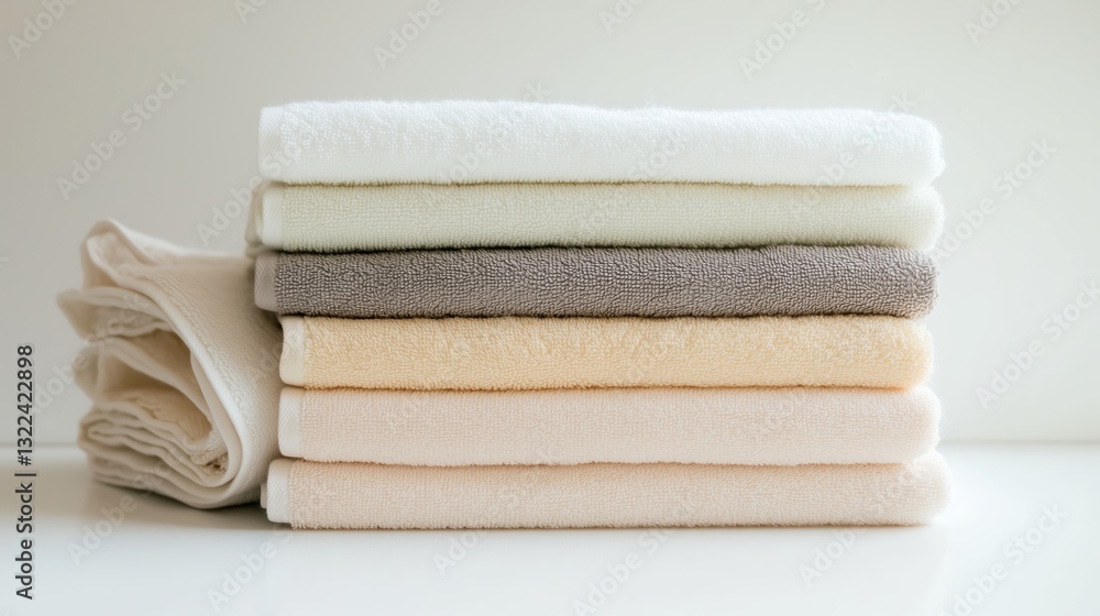 Poster soft and neatly stacked towels in various neutral shades arranged on a clean surface for a tidy bath