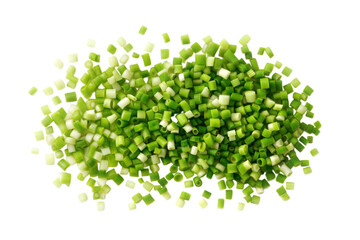 Overhead view of chopped green onions in a bright culinary environment, isolated on white or transparent background