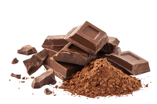 High-quality close-up of rich dark chocolate chunks with cocoa powder, isolated on a white background