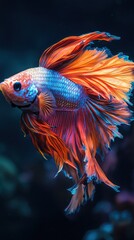Vibrant betta fish with flowing fins in an aquarium. Shades of orange, blue, and red create a stunning underwater scene.