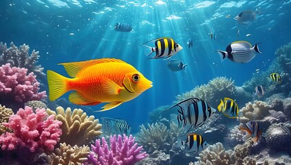 Fototapeta premium A coral reef with many different colored fish and corals