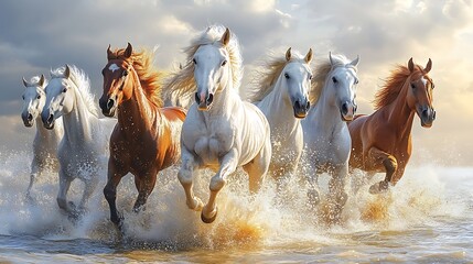 White and brown horses galloping in sunset high resolution hd picture