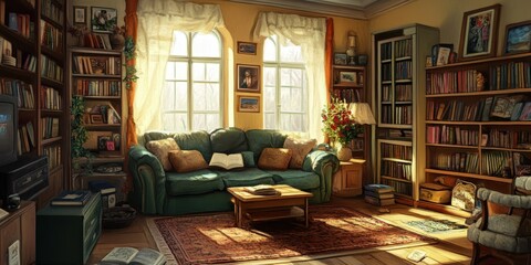 A Comfortable Living Room Filled With Books And Sunlight