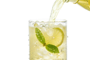 Refreshing lemonade drink pouring into glass with mint leaves, isolated on white or transparent background