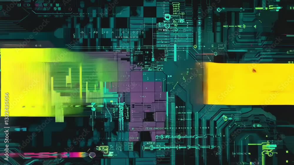 Poster digital circuit board with glowing green and yellow light for futuristic technology and data process