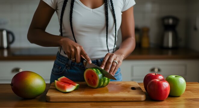 Woman cutting fresh watermelon in kitchen healthy summer fruit preparation red food hand ripe green
