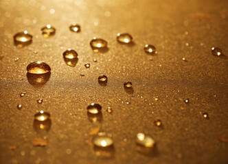 Shimmering Water Droplets on a Golden Reflective Surface in a Warm Natural Light Setting