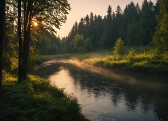 Tranquil River Flowing Through a Lush Green Forest at Sunrise with Warm Golden Light