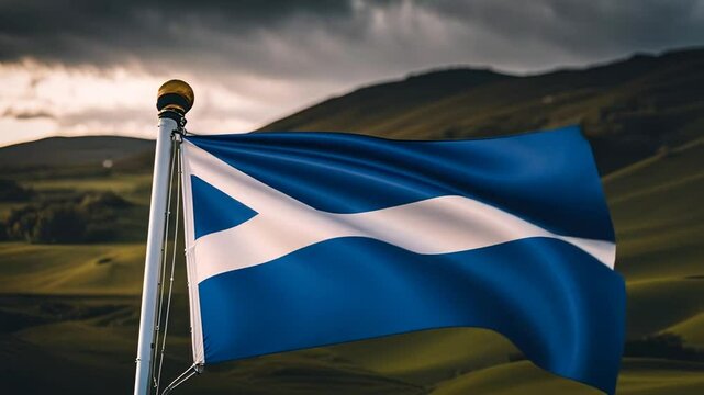 Scottish flag in a Scottish landscape.