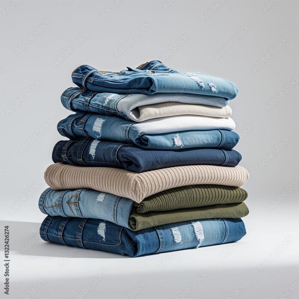 Poster stack of various folded denim jeans in different colors displayed on a plain background