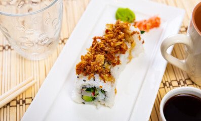 Curry roll - delicious rolls with avocado, crab, cucumber and fried onion. Japanese traditional food