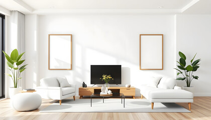 Living room mockup. Frame mockup in bright modern living room design with two vertical wooden frames. 3D Render background, one line art. White tone