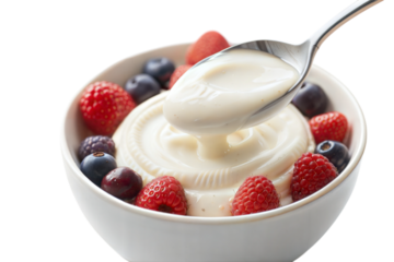 Spoonful of yogurt with berries kitchen food photography bright atmosphere close-up view, isolated on white or transparent background