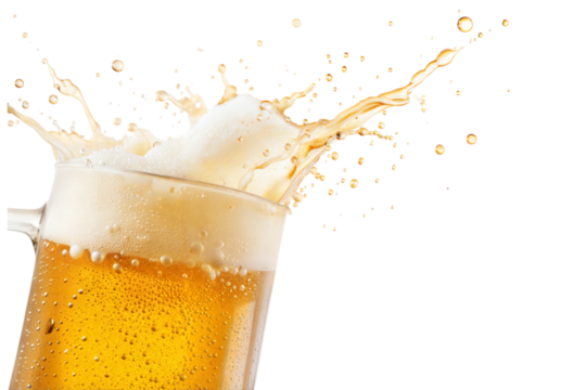 Refreshing beer splash action studio beverage photography isolated close-up excitement, isolated on white or transparent background