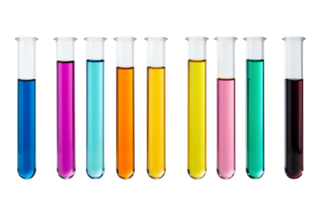 Chemical experiment action laboratory test tubes colorful solutions scientific environment, isolated on white or transparent background