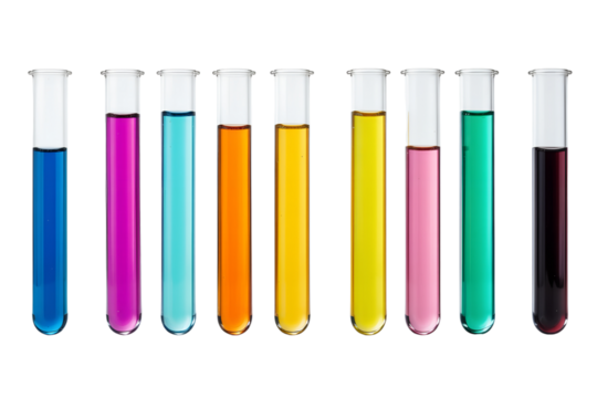 Chemical experiment action laboratory test tubes colorful solutions scientific environment, isolated on white or transparent background
