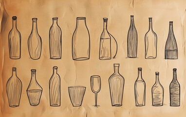 Various hand-drawn bottles and glasses displayed on a textured background with a vintage appearance
