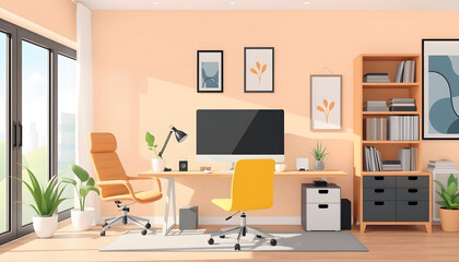 Modern home office workspace with a computer mockup. White tone